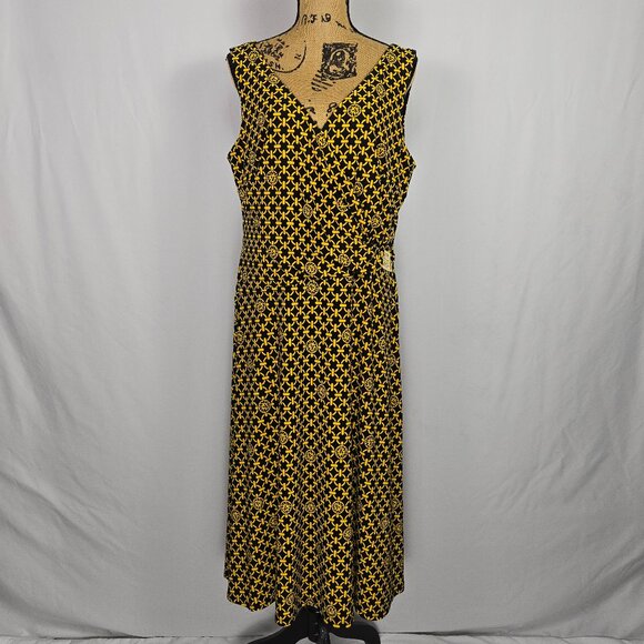Anne Klein 16 Wrap Style Midi Maxi Dress Yellow‎ Black Abstract Print Elegant - Picture 1 of 14